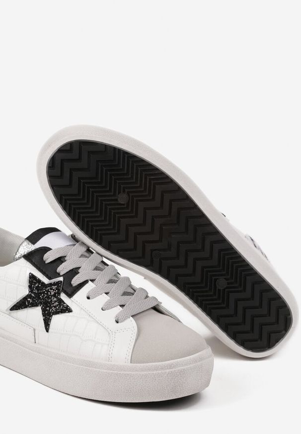 Renee - Biało-Szare Sneakersy na Niskiej Platformie z Brokatowymi Zdobieniami Felaven. Okazja: na co dzień. Kolor: biały. Materiał: jeans. Wzór: aplikacja. Obcas: na platformie