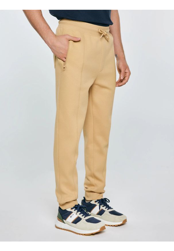 Big-Star - Spodnie męskie dresowe beżowe Wladorp 801. Kolor: beżowy. Materiał: dresówka. Wzór: nadruk, ze splotem