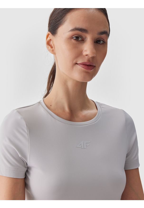 4f - 4F Koszulka do jogi i pilatesu slim szybkoschnąca damska - szara XL. Kolor: szary. Materiał: materiał, elastan, syntetyk, dzianina, włókno. Wzór: ze splotem, gładki, jednolity. Sport: joga i pilates