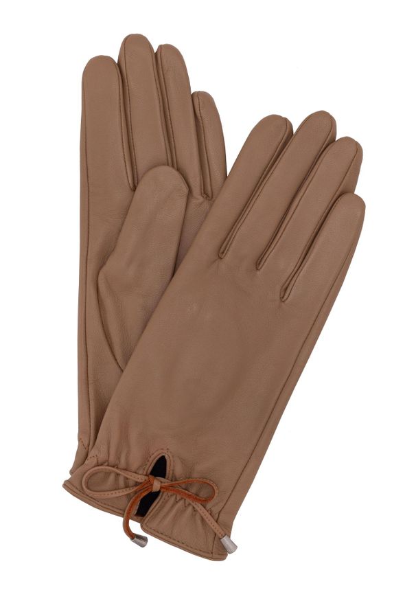 Ochnik - Skórzane rękawiczki damskie z wiązaniem. Kolor: brązowy. Materiał: skóra. Styl: klasyczny, elegancki