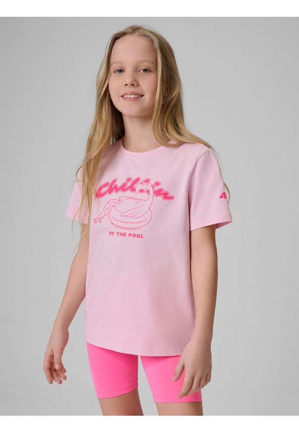 4f - 4F T-shirt regular z nadrukiem dziewczęcy - różowy 164 (13-14 lat). Okazja: na co dzień. Kolor: różowy. Materiał: dzianina, bawełna. Wzór: nadruk. Sezon: lato. Styl: casual