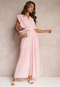Renee - Różowy Plisowany Kombinezon z Falbankami i Szerokimi Nogawkami Jarina. Okazja: na co dzień. Kolor: różowy. Długość: długie. Styl: casual #4