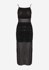 Born2be - Czarna Siateczkowa Sukienka Koktajlowa z Marszczenia i Przezroczystymi Wstawkami Zelllisa. Kolor: czarny. Materiał: wiskoza, materiał, lakier. Długość rękawa: na ramiączkach. Styl: wizytowy #6