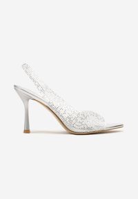 Renee - Srebrne Przezroczyste Sandały na Szpilce Slingback Ozdobione Cyrkoniami Fodaria. Kolor: srebrny. Wzór: aplikacja. Sezon: lato. Obcas: na szpilce. Styl: klasyczny. Wysokość obcasa: średni #5
