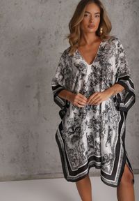 Renee - Czarne Ponczo z Wiskozy z Dekoltem w Serek Zdobione Wzorem Jolina. Typ kołnierza: dekolt w serek. Kolor: czarny. Materiał: wiskoza. Wzór: aplikacja. Styl: boho #1