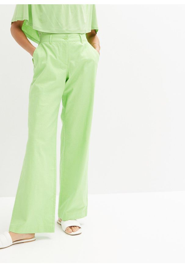 bonprix - Spodnie z mieszanki lnu i bawełny. Kolor: zielony. Materiał: bawełna, len