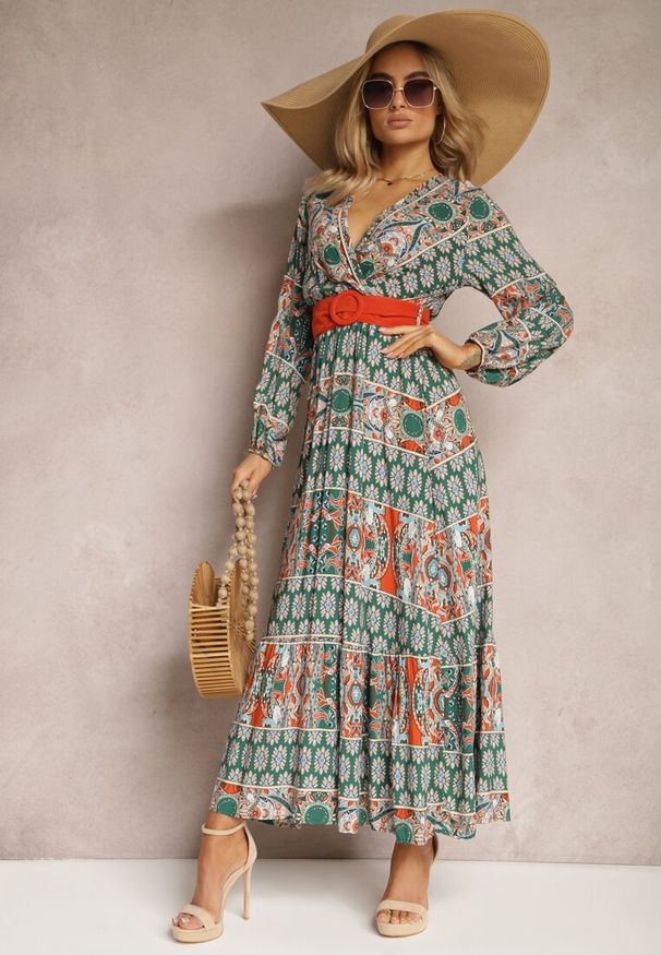 Renee - Zielona Sukienka Rozkloszowana z Paskiem Shara. Okazja: na plażę, na spacer. Kolor: zielony. Materiał: tkanina, materiał. Typ sukienki: kopertowe. Styl: boho. Długość: maxi