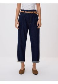 Reserved - Jeansy paperbag - granatowy. Kolor: niebieski
