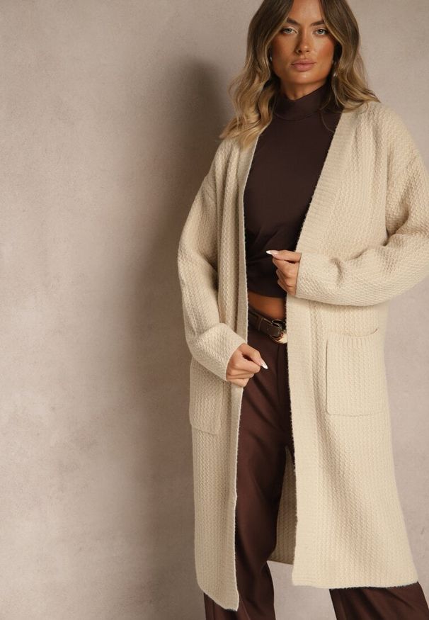 Renee - Beżowy Długi Kardigan Niezapinany z Bawełną Ferrive. Okazja: na co dzień. Kolor: beżowy. Materiał: bawełna. Długość: długie. Styl: casual