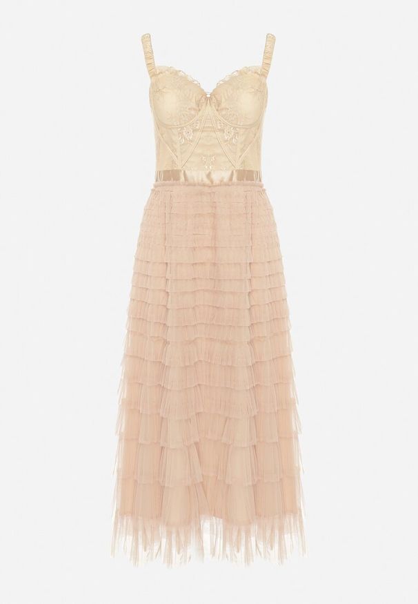 Born2be - Beżowa Sukienka Maxi na Ramiączkach z Gorsetową Górą i Tiulowymi Falbanami Encartia. Typ kołnierza: dekolt gorset. Kolor: beżowy. Materiał: tiul. Długość rękawa: na ramiączkach. Typ sukienki: gorsetowe. Długość: maxi