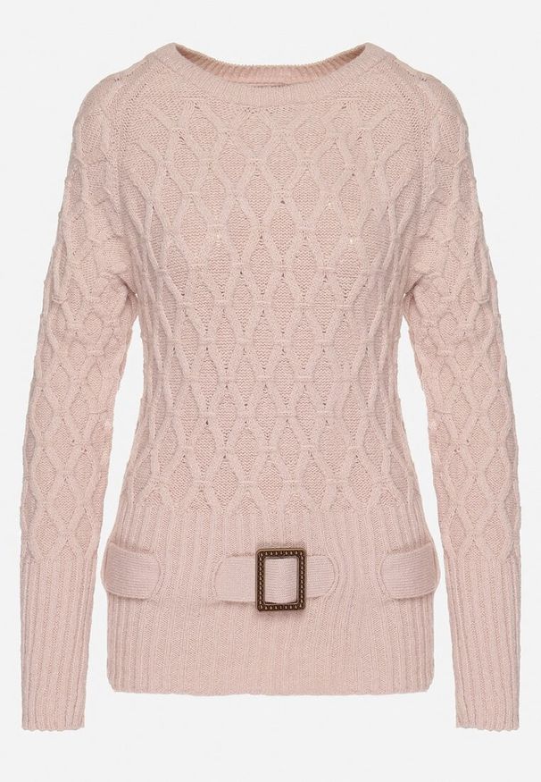 Born2be - Jasnoróżowy Sweter z Ozdobnym Splotem z Paskiem i Klamrą Riean. Okazja: na co dzień. Kolor: różowy. Materiał: jeans. Długość rękawa: długi rękaw. Długość: długie. Wzór: ze splotem. Styl: klasyczny, casual