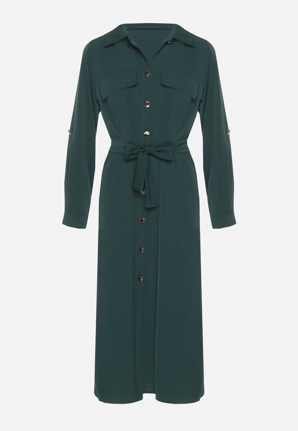 Born2be - Ciemnozielona Koszulowa Sukienka z Eleganckimi Guzikami i Wiązanym Paskiem w Talii Kortella. Okazja: na spotkanie biznesowe, na co dzień. Typ kołnierza: dekolt w serek. Kolor: zielony. Długość rękawa: długi rękaw. Typ sukienki: koszulowe. Styl: elegancki