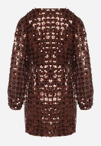 Born2be - Brązowa Kopertowa Sukienka z Wiązaniem Zdobiona Cekinami Wedelessa. Okazja: na sylwestra. Typ kołnierza: dekolt w serek. Kolor: brązowy. Materiał: futro, poliester. Wzór: aplikacja. Typ sukienki: kopertowe. Styl: klasyczny #4