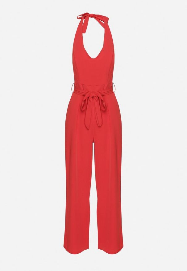 Born2be - Czerwony Taliowany Kombinezon z Paskiem Wiązaniem i Odkrytymi Plecami Malurea. Okazja: na co dzień, na imprezę. Kolor: czerwony. Materiał: jeans. Sezon: lato. Styl: casual