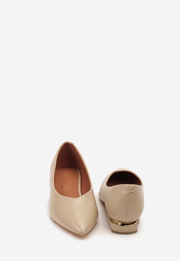 Renee - Beżowe Czółenka Vices ze Skórzaną Wkładką na Niskim Obcasie ze Zdobieniem Dakene. Nosek buta: szpiczasty. Kolor: beżowy. Materiał: skóra. Wzór: aplikacja. Obcas: na obcasie. Styl: elegancki. Wysokość obcasa: niski