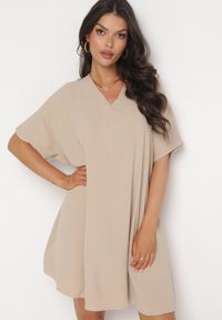 Born2be - Beżowa Sukienka o Fasonie Nietoperza z Wiązaniem na Plecach Miken. Kolor: beżowy #1