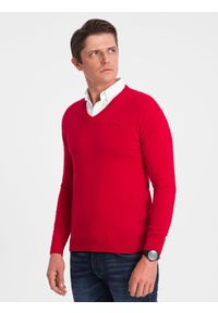Ombre Clothing - Sweter męski z dekoltem "w serek" z koszulowym kołnierzykiem - czerwony V4. Typ kołnierza: kołnierzyk koszulowy, dekolt w serek. Kolor: czerwony. Materiał: nylon, materiał, bawełna. Styl: klasyczny #3