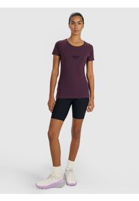 4f - 4F T-shirt slim z nadrukiem damski - fioletowy L. Okazja: na co dzień. Kolor: fioletowy. Materiał: bawełna, jersey, materiał, elastan. Długość rękawa: raglanowy rękaw. Wzór: nadruk. Styl: sportowy, klasyczny, casual
