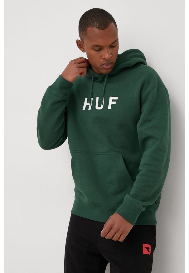 HUF bluza męska kolor zielony z kapturem z nadrukiem. Okazja: na co dzień. Typ kołnierza: kaptur. Kolor: zielony. Materiał: dzianina. Wzór: nadruk. Styl: casual