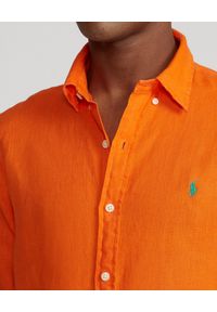 Ralph Lauren - RALPH LAUREN - Pomarańczowa koszula z lnu Slim Fit. Typ kołnierza: button down, polo. Kolor: pomarańczowy. Materiał: len. Długość rękawa: długi rękaw. Długość: długie. Wzór: haft