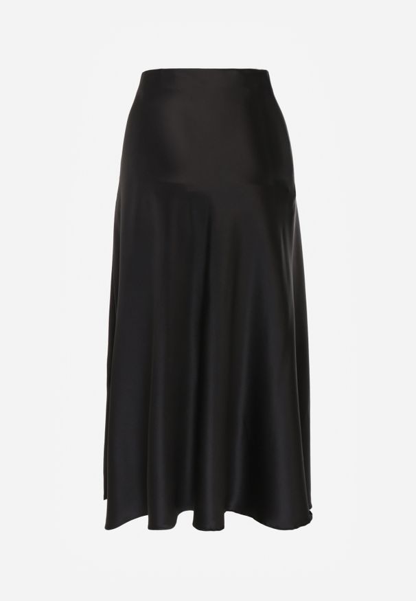 Renee - Czarna Satynowa Midi Spódnica Rozkloszowana z Gumką w Pasie i Suwakiem Leose. Kolor: czarny. Materiał: satyna