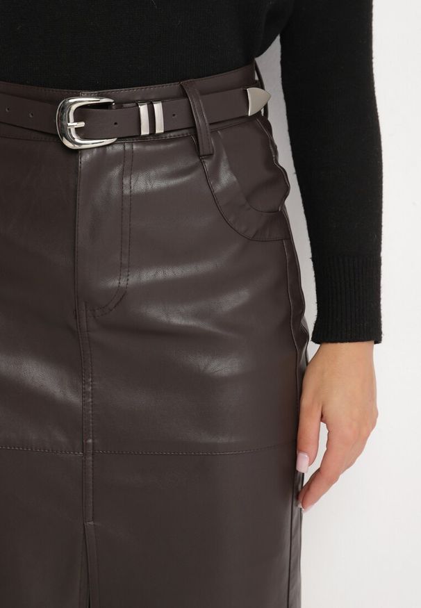 Born2be - Czarna Długa Spódnica High Waist z Imitacji Skóry z Dodatkowym Paskiem i Rozcięciem Wyneti. Okazja: na co dzień. Stan: podwyższony. Kolor: czarny. Materiał: skóra. Długość: długie. Styl: klasyczny, elegancki, casual