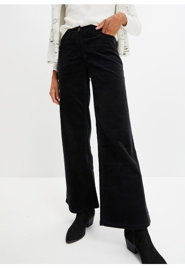 bonprix - Spodnie sztruksowe w stylu Marlena. Kolor: czarny. Materiał: sztruks
