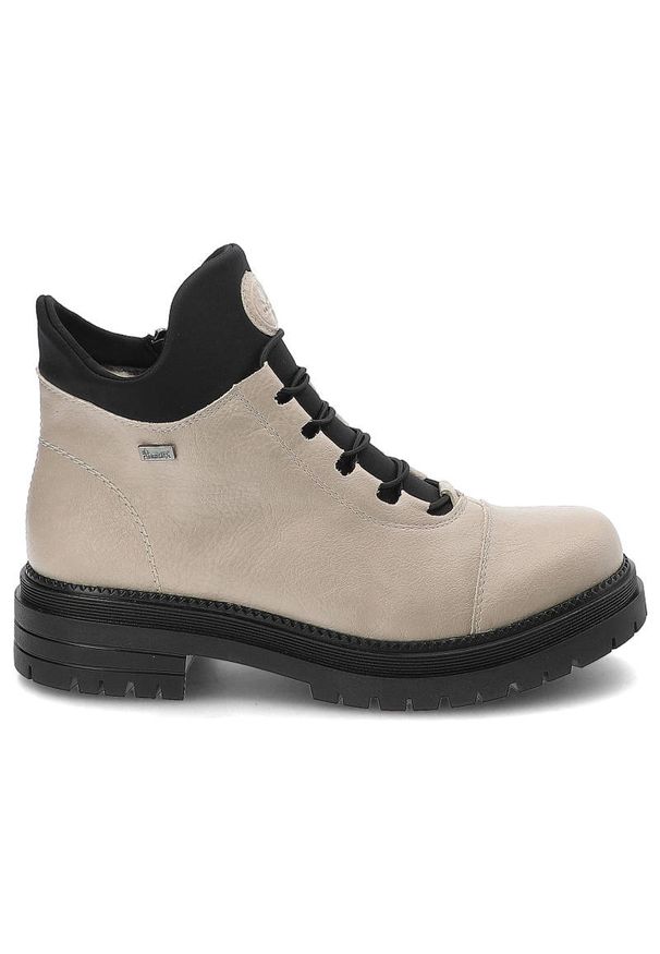 Beżowe Botki Rieker Skórzane Ocieplane Buty Damskie. Okazja: na co dzień. Kolor: beżowy. Materiał: skóra. Obcas: na obcasie. Styl: casual, elegancki. Wysokość obcasa: średni