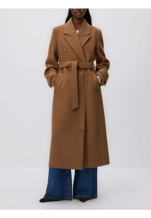 Reserved - Płaszcz z wełną - beżowy. Kolor: beżowy. Materiał: wełna