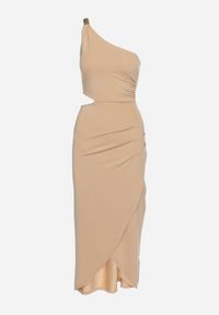 Born2be - Beżowa Asymetryczna Sukienka Koktajlowa na Jedno Ramię z Wycięciem i Metalową Klamrą Violea. Okazja: na imprezę. Kolor: beżowy. Długość rękawa: długi rękaw. Typ sukienki: asymetryczne. Styl: wizytowy #2
