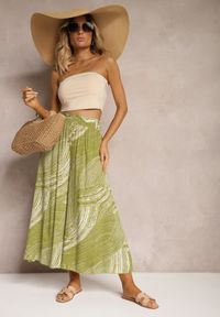 Renee - Zielone Szerokie Spodnie 7/8 High Waist z Wiskozy Wykończone Gumką w Pasie Risallni. Stan: podwyższony. Kolor: zielony. Materiał: wiskoza #5