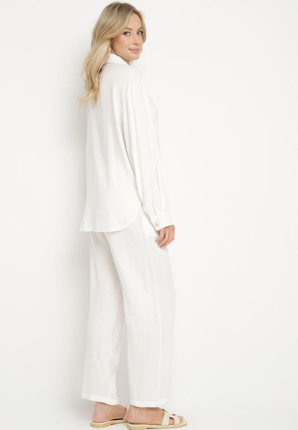 Born2be - Biały Komplet z Lnem i Wiskozą Koszula i Spodnie Hanelior. Kolor: biały. Materiał: len, wiskoza