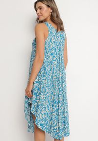 Born2be - Niebieska Asymetryczna Sukienka Bawełniana w Ornamentalny Wzór Natialira. Okazja: na co dzień. Kolor: niebieski. Materiał: bawełna. Typ sukienki: asymetryczne. Styl: elegancki, casual #4