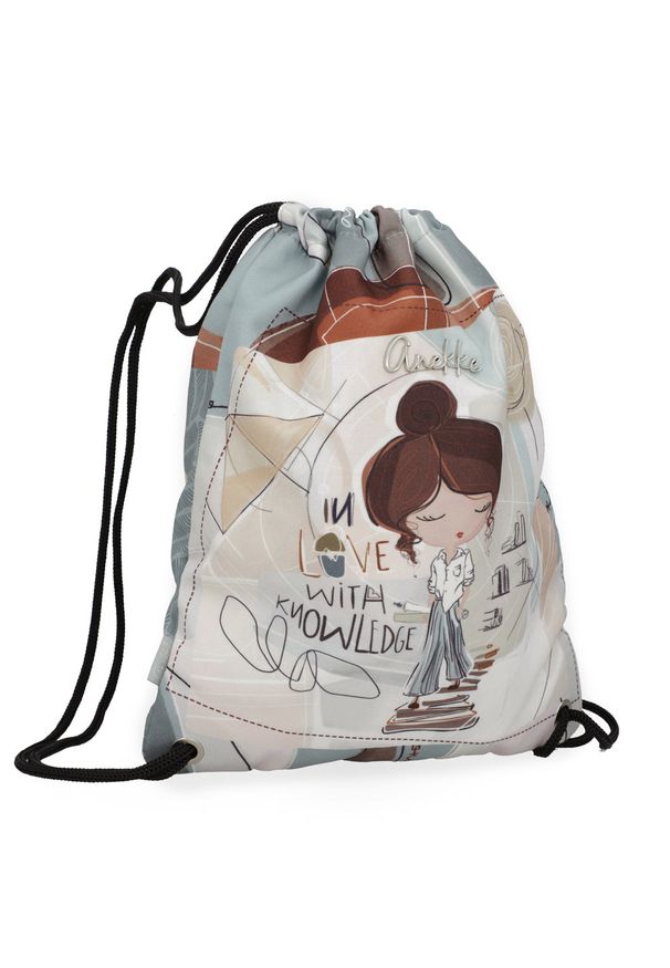 Worek damski Anekke, wykonany z lekkiego materiału tekstylnego z dekoracyjnym nadrukiem zamykany na ściągacz ze sznurkami, szary, 42484-003. Kolor: szary. Wzór: nadruk