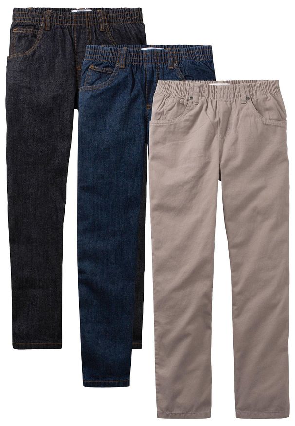 bonprix - Spodnie regular fit z gumką w talii, prosta nogawka, z czystej bawełny (3 pary w opak.). Kolor: czarny. Materiał: bawełna. Styl: klasyczny