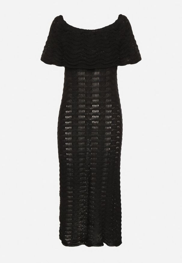 Born2be - Czarna Ażurowa Sukienka o Fasonie Hiszpanki z Wywijanym Dekoltem Filiorra. Okazja: na co dzień. Typ kołnierza: dekolt hiszpanka. Kolor: czarny. Materiał: jeans. Wzór: ażurowy. Styl: casual