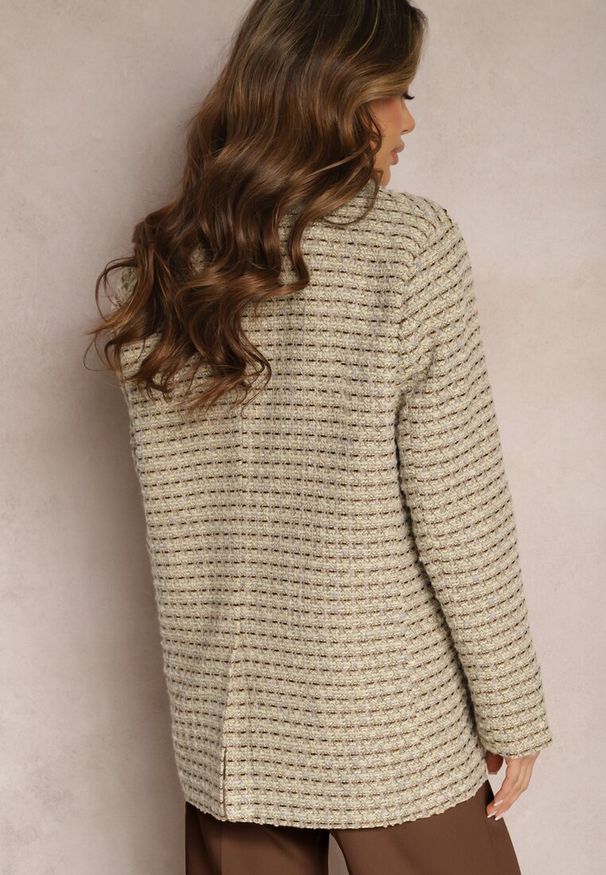 Renee - Szaro-Beżowa Tweedowa Marynarka Jednorzędowa z Ozdobnymi Guzikami Arielitta. Kolor: beżowy. Styl: retro