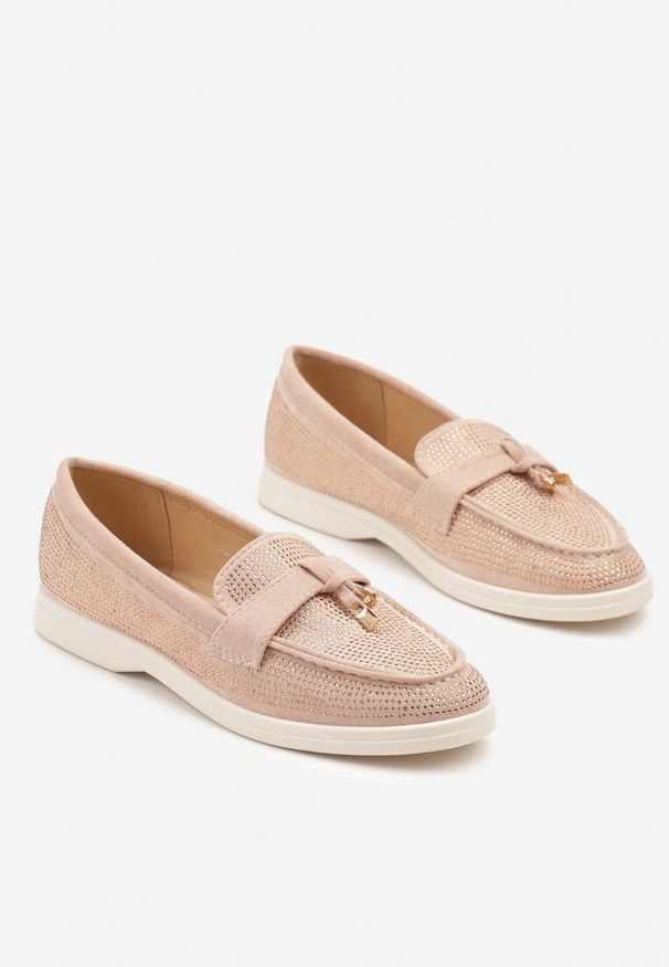 Born2be - Różowe Mokasyny Zdobione Cyrkoniami i Aplikacją Tenarella. Okazja: na co dzień. Kolor: różowy. Materiał: jeans. Wzór: aplikacja. Obcas: na obcasie. Styl: elegancki, casual. Wysokość obcasa: niski