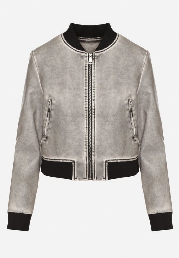 Born2be - Ciemnoszara Kurtka o Kroju Bomberki z Imitacji Skóry Arivllia. Okazja: na co dzień. Kolor: szary. Materiał: skóra. Styl: casual, elegancki