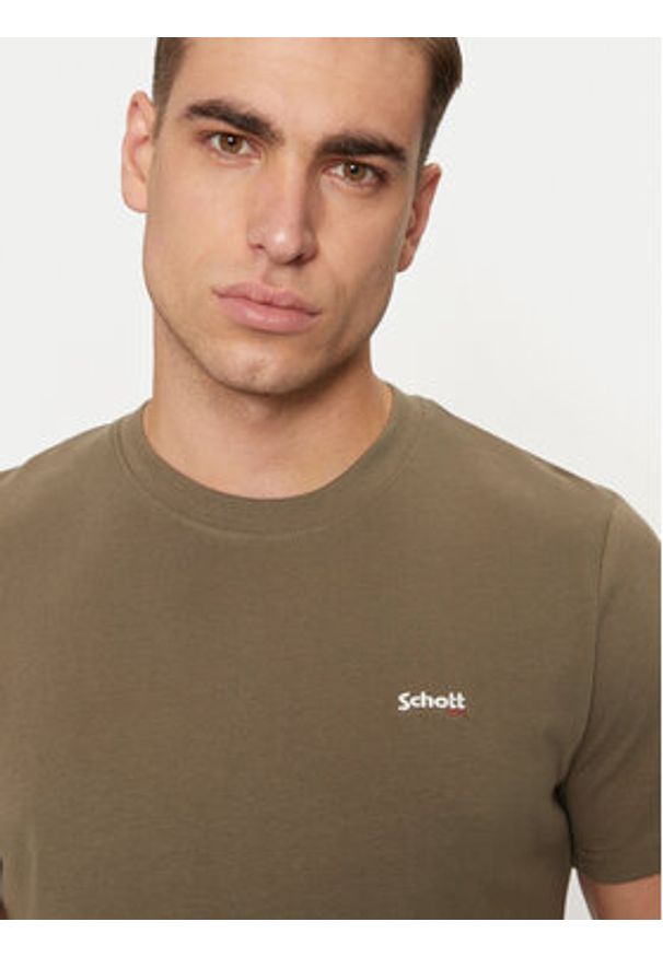 Schott NYC T-Shirt TSCLAWS1 Khaki Regular Fit. Kolor: brązowy. Materiał: bawełna
