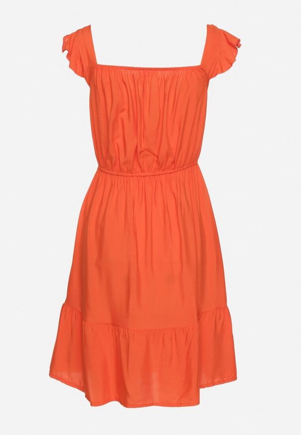 Born2be - Pomarańczowa Sukienka z Wiskozą o Rozkloszowanym Kroju z Gumką w Pasie Lirimere. Okazja: na co dzień. Typ kołnierza: kołnierz z falbankami. Kolor: pomarańczowy. Materiał: wiskoza. Długość rękawa: na ramiączkach. Styl: casual, elegancki