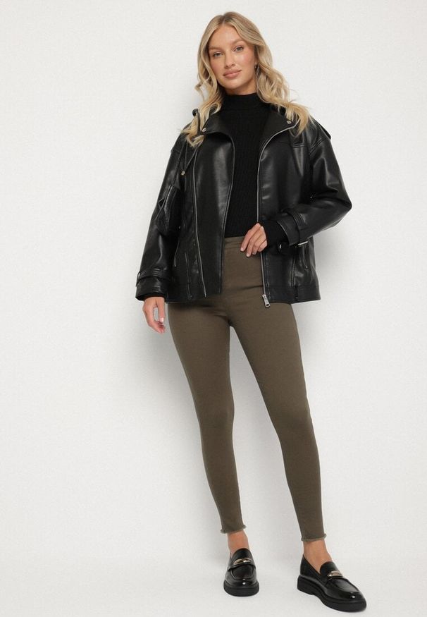 Born2be - Ciemnozielone Spodnie Skinny Biscova. Kolor: beżowy. Styl: elegancki