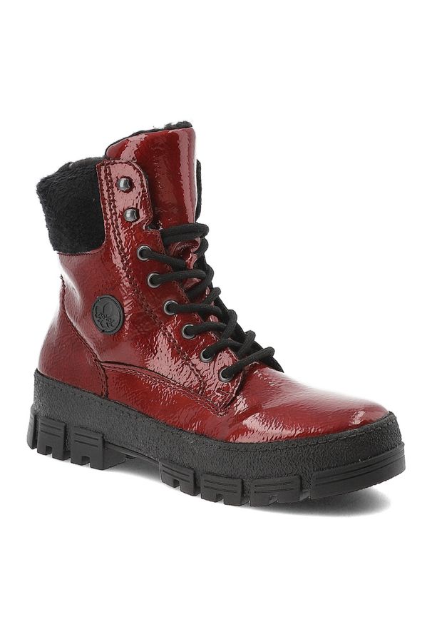 Czerwone Botki Rieker Lakierowane Buty Damskie. Kolor: czerwony. Materiał: lakier