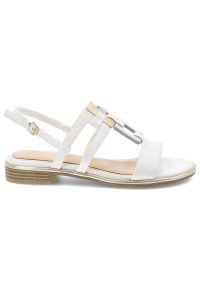 Białe Sandały Marco Tozzi Eleganckie Buty Damskie. Okazja: na co dzień, na spacer. Kolor: biały. Materiał: skóra. Wzór: geometria, aplikacja. Sezon: lato. Obcas: na obcasie. Styl: elegancki. Wysokość obcasa: średni #6
