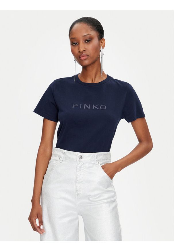 Pinko T-Shirt Jersey Old Wash Logo 101752 A227 Granatowy Regular Fit. Kolor: niebieski. Materiał: bawełna