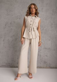 Renee - Beżowy Komplet z Wiskozy Spodnie Wide Leg i Koszula Bez Rękawów z Paskiem Adduin. Kolor: beżowy. Materiał: wiskoza #6