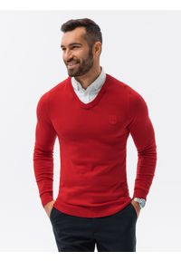 Ombre Clothing - Sweter męski z białym kołnierzykiem - czerwony V4 - Rozmiar: L. Typ kołnierza: dekolt w serek, kołnierzyk koszulowy. Kolor: czerwony. Materiał: nylon, bawełna, materiał. Styl: klasyczny