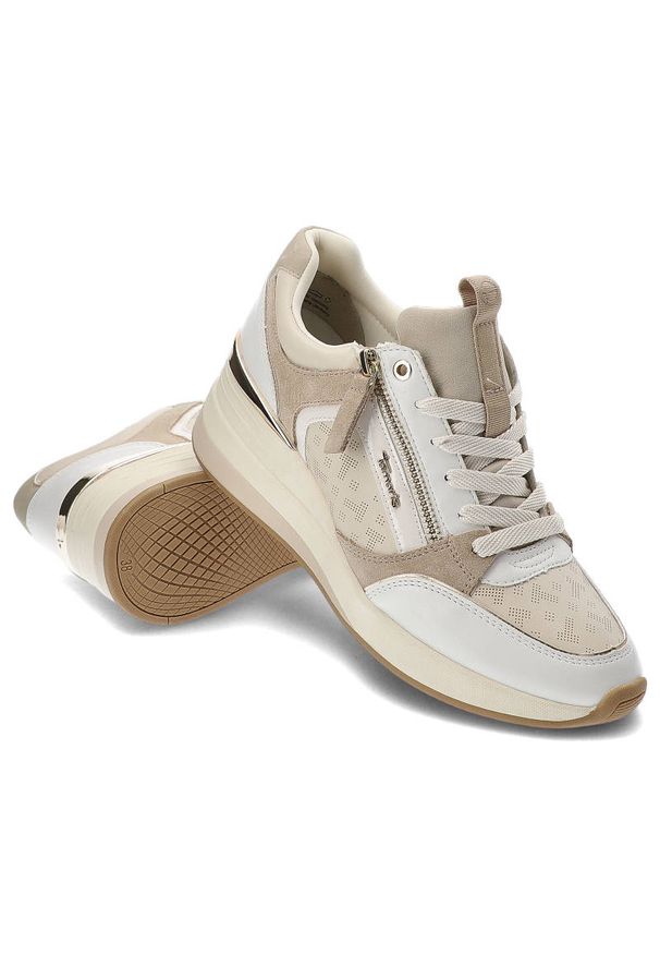 Beżowe Sneakersy Tamaris Wygodne Buty Damskie. Okazja: na co dzień. Kolor: beżowy. Szerokość cholewki: normalna. Wzór: aplikacja. Obcas: na koturnie. Styl: casual