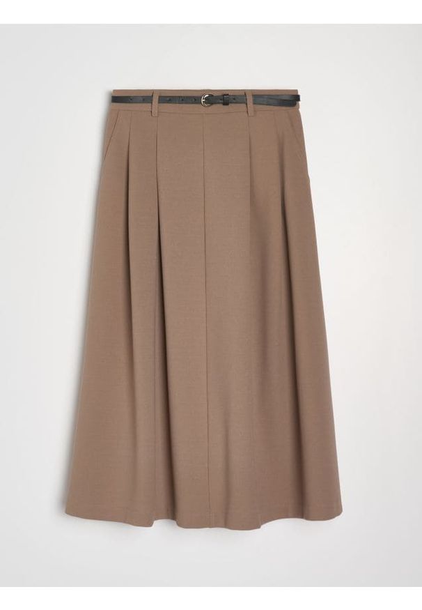 Sinsay - Rozkloszowana spódnica midi z paskiem - brązowy. Kolor: brązowy