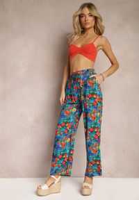 Renee - Niebiesko-Pomarańczowe Wiskozowe Spodnie z Prostą Nogawką High Waist w Kwiatowy Wzór Zaranima. Stan: podwyższony. Kolor: niebieski. Materiał: wiskoza. Wzór: kwiaty. Sezon: lato